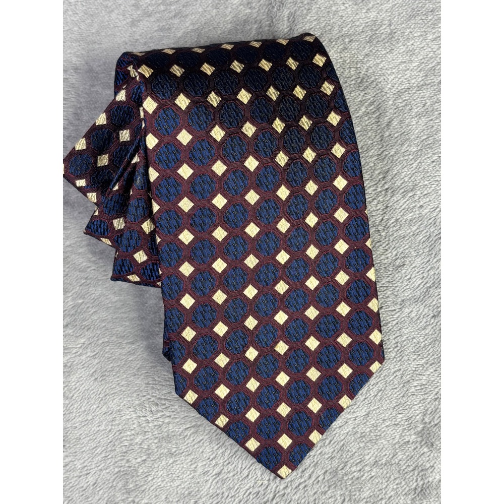 Hart Schaffner & Marx Tie Mens OS Burgundy Blue Gold Geometric Silk Made Italy